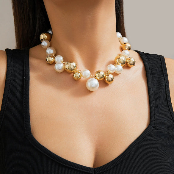 Jewelry Punk Creative Round Bead Imitation Pearl Tassel Necklace Metal Ball Chain Geometric Style Electroplating