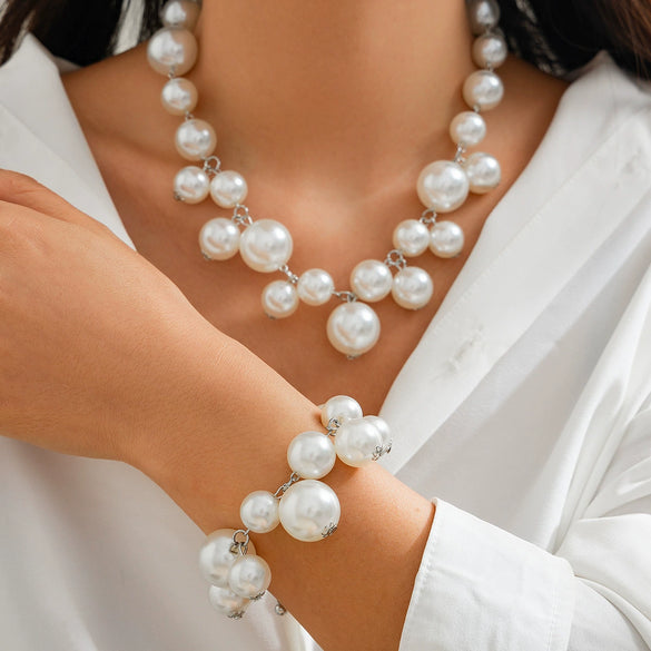 Jewelry Punk Creative Round Bead Imitation Pearl Tassel Necklace Metal Ball Chain Geometric Style Electroplating