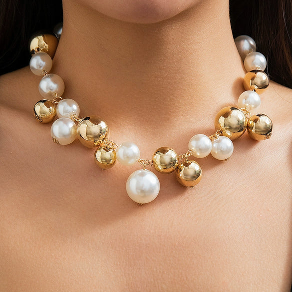 Jewelry Punk Creative Round Bead Imitation Pearl Tassel Necklace Metal Ball Chain Geometric Style Electroplating