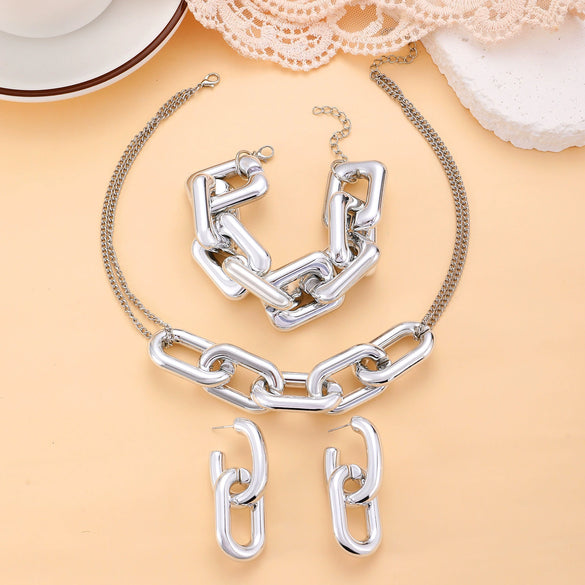 Jewelry Punk Hiphop Exaggerated Geometric Ccb Chain Earrings Bracelet Necklace Set Electroplated
