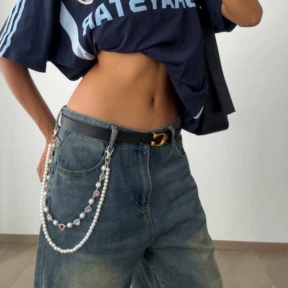 Jewelry Punk Hiphop Style Alloy Imitation Pearl Acrylic Diamond Cross Multiple Circles Pants Chain For Female Cowboy Style