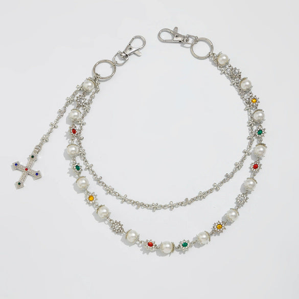 Jewelry Punk Hiphop Style Alloy Imitation Pearl Acrylic Diamond Cross Multiple Circles Pants Chain For Female Cowboy Style