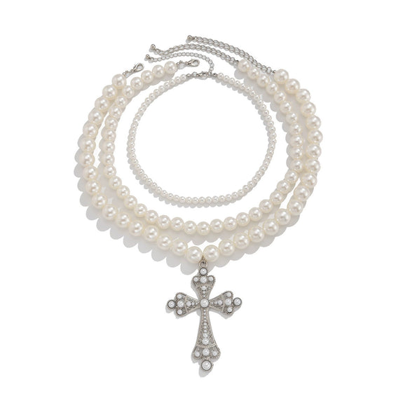Jewelry Punk Imitation Pearl Alloy Geometric Cross Clavicle Chain Necklace For Women Electroplated