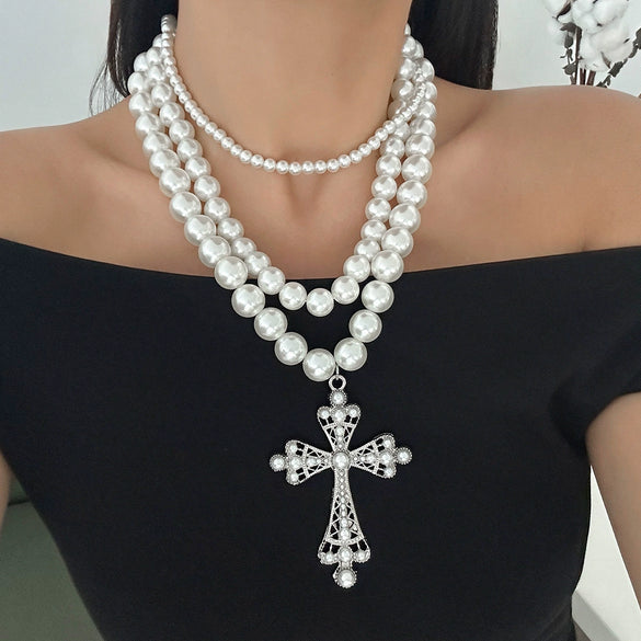 Jewelry Punk Imitation Pearl Alloy Geometric Cross Clavicle Chain Necklace For Women Electroplated