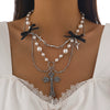 Jewelry Punk Metal Cross Imitation Pearl Tassel Bow Necklace Alloy Iron Chain Electroplating For Women