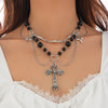 Jewelry Punk Metal Cross Imitation Pearl Tassel Bow Necklace Alloy Iron Chain Electroplating For Women