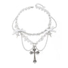Jewelry Punk Metal Cross Imitation Pearl Tassel Bow Necklace Alloy Iron Chain Electroplating For Women