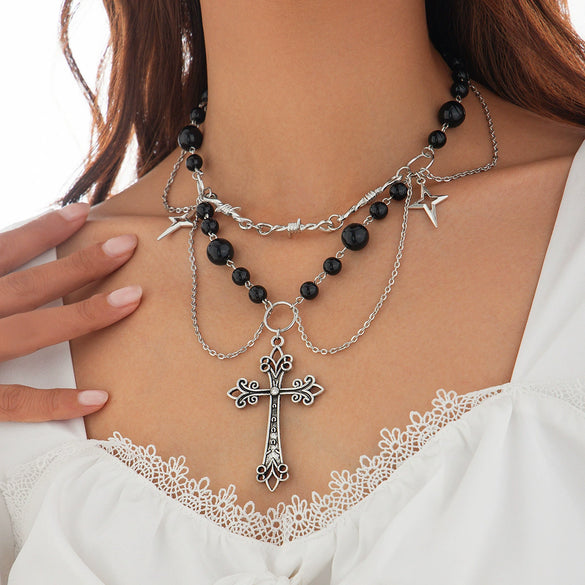 Jewelry Punk Metal Cross Imitation Pearl Tassel Bow Necklace Alloy Iron Chain Electroplating For Women