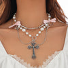 Jewelry Punk Metal Cross Imitation Pearl Tassel Bow Necklace Alloy Iron Chain Electroplating For Women