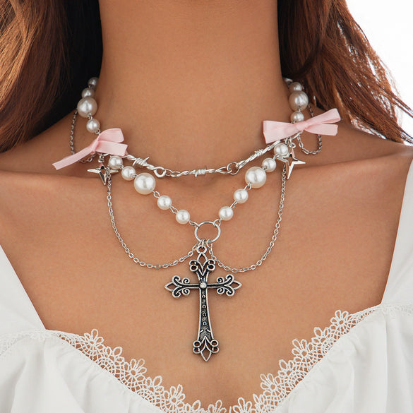Jewelry Punk Metal Cross Imitation Pearl Tassel Bow Necklace Alloy Iron Chain Electroplating For Women