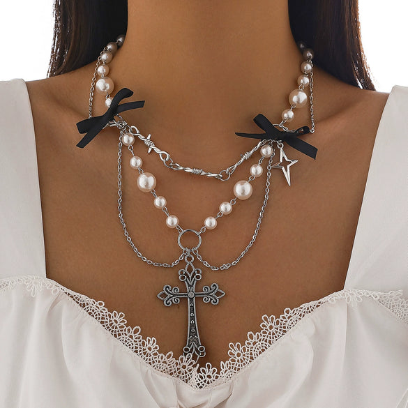 Jewelry Punk Metal Cross Imitation Pearl Tassel Bow Necklace Alloy Iron Chain Electroplating For Women