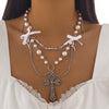 Jewelry Punk Metal Cross Imitation Pearl Tassel Bow Necklace Alloy Iron Chain Electroplating For Women
