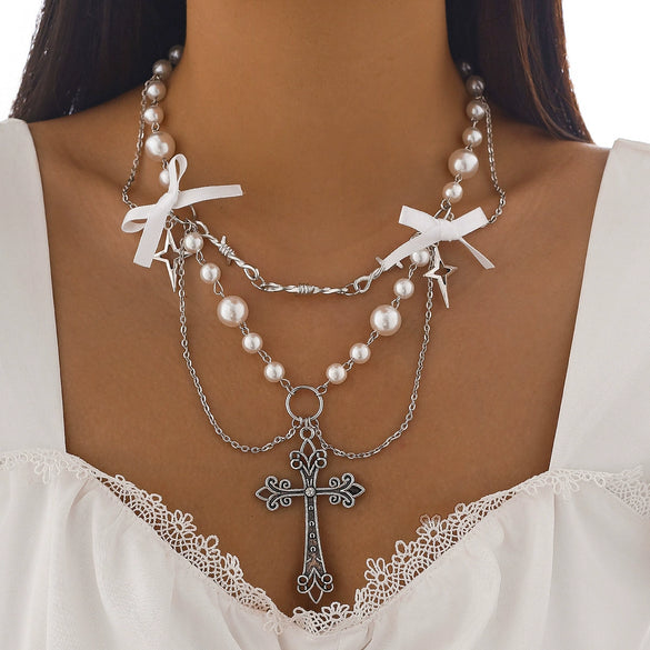 Jewelry Punk Metal Cross Imitation Pearl Tassel Bow Necklace Alloy Iron Chain Electroplating For Women
