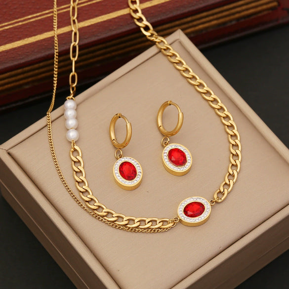 Jewelry Red Zircon Pearl Double Cuban Chain Stainless Steel Clavicle Necklace Electroplated