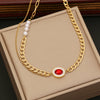 Jewelry Red Zircon Pearl Double Cuban Chain Stainless Steel Clavicle Necklace Electroplated