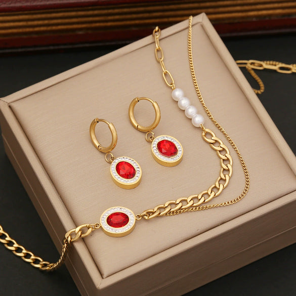 Jewelry Red Zircon Pearl Double Cuban Chain Stainless Steel Clavicle Necklace Electroplated