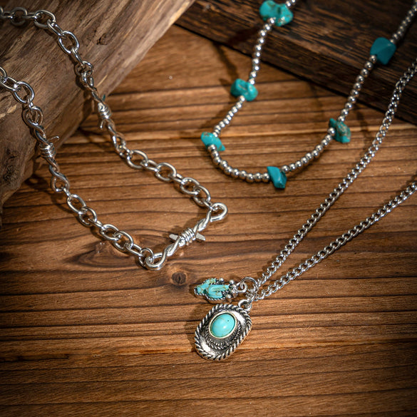 Jewelry Retro Alloy Necklace With Imitation Turquoise And Cactus Pendant Electroplated For Women