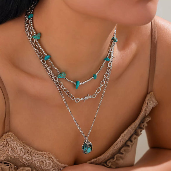 Jewelry Retro Alloy Necklace With Imitation Turquoise And Cactus Pendant Electroplated For Women