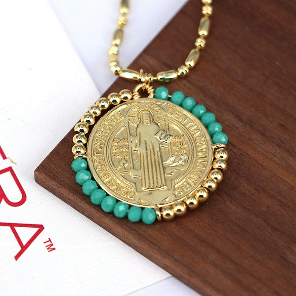 Jewelry Retro Color Crystal Winding Round Geometric Pendant Necklace Copper Titanium Steel Electroplating
