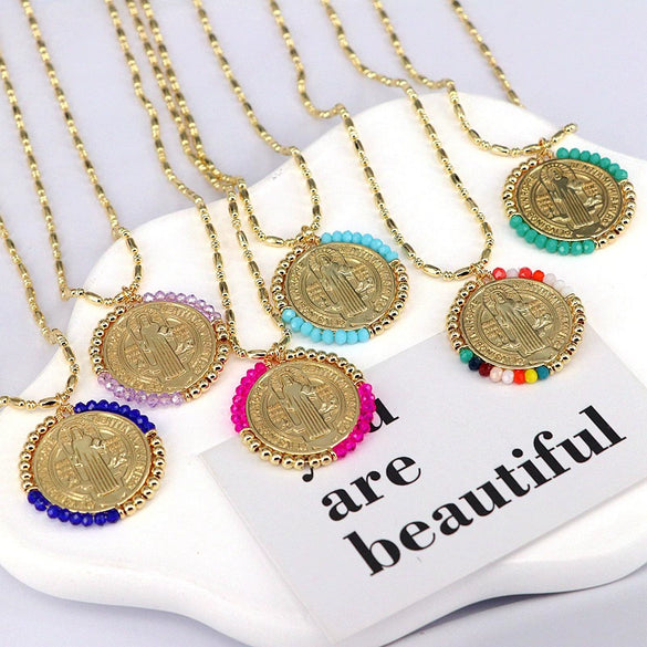 Jewelry Retro Color Crystal Winding Round Geometric Pendant Necklace Copper Titanium Steel Electroplating