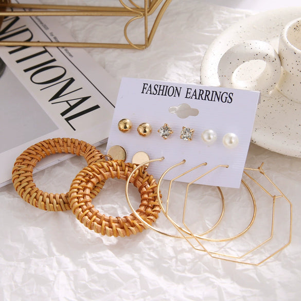 Jewelry Retro Geometric Crystal Alloy English Alphabet Butterfly Woven Round Earrings Set