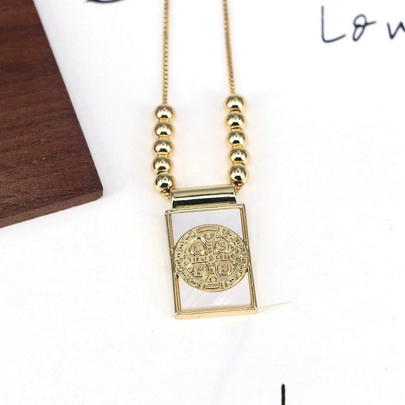 Jewelry Retro Religious Geometric Square Shell Pendant Snake Chain Necklace Copper Titanium Steel Electroplating