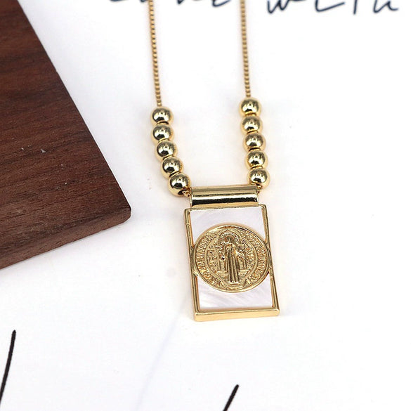 Jewelry Retro Religious Geometric Square Shell Pendant Snake Chain Necklace Copper Titanium Steel Electroplating