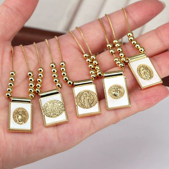 Jewelry Retro Religious Geometric Square Shell Pendant Snake Chain Necklace Copper Titanium Steel Electroplating