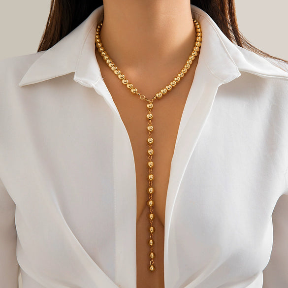 Jewelry Retro Round Beaded Chain Imitation Pearl Tassel Metal Ball Chain Necklace