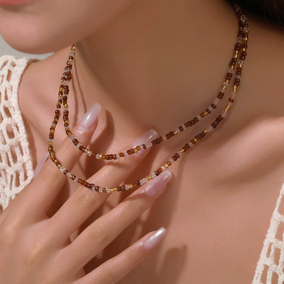 Jewelry Rice Beads Stainless Steel Geometric Handmade Double Layer Clavicle Chain Necklace