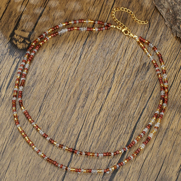 Jewelry Rice Beads Stainless Steel Geometric Handmade Double Layer Clavicle Chain Necklace