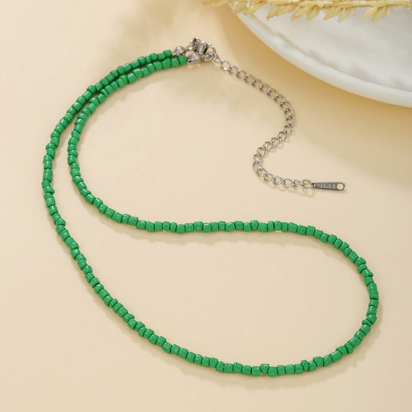 Jewelry Rice Beads Stainless Steel Geometric Handmade Double Layer Clavicle Chain Necklace