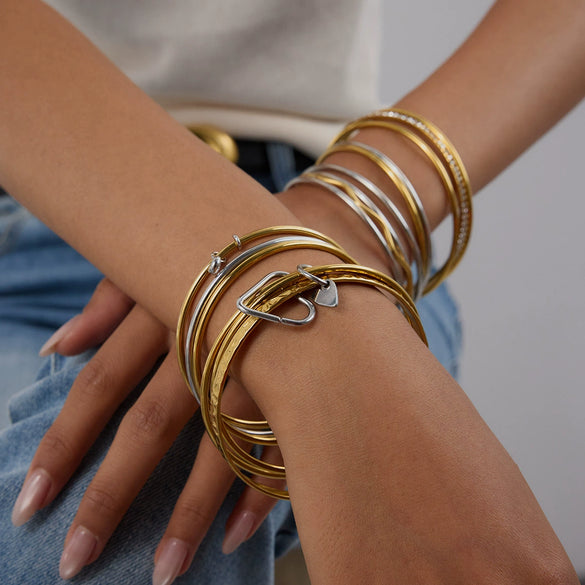 Jewelry Ring And Bracelet Stainless Steel Electroplating Geometric Style Gold And Silver Color Matching