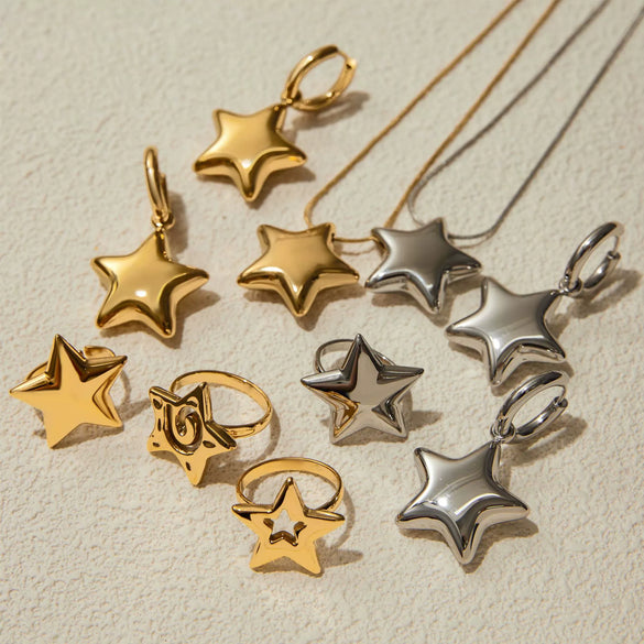 Jewelry Ring Earrings Necklace With Fivepointed Star Pattern Titanium Steel And Stainless Steel Electroplated For Women