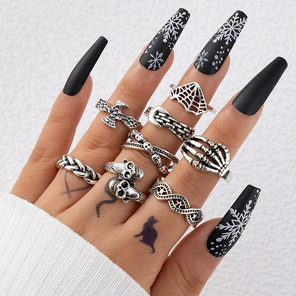 Jewelry Ring Mushroom Love Moon Leaves Ancient Silver Metal Geometric Electroplated Unisex 7Piece Set