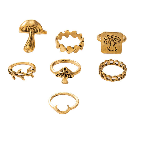 Jewelry Ring Mushroom Love Moon Leaves Ancient Silver Metal Geometric Electroplated Unisex 7Piece Set