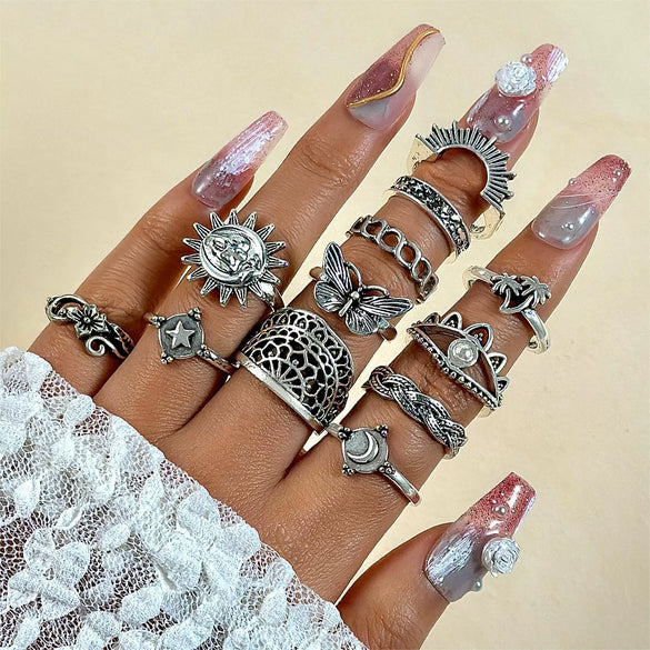 Jewelry Ring Mushroom Love Moon Leaves Ancient Silver Metal Geometric Electroplated Unisex 7Piece Set