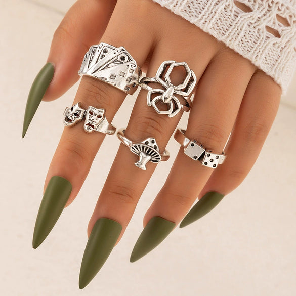 Jewelry Ring Mushroom Love Moon Leaves Ancient Silver Metal Geometric Electroplated Unisex 7Piece Set