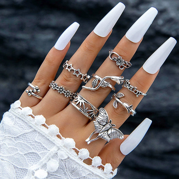 Jewelry Ring Mushroom Love Moon Leaves Ancient Silver Metal Geometric Electroplated Unisex 7Piece Set