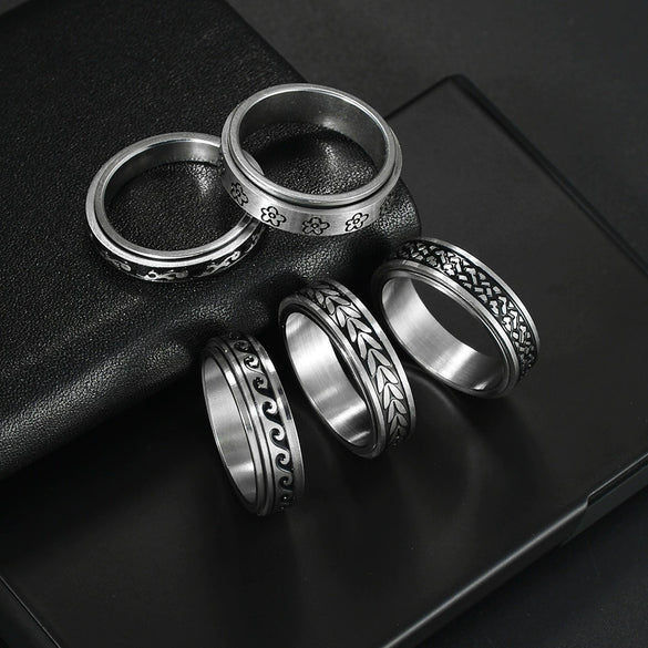 Jewelry Rotating Titanium Steel Decompression Ring Wave Flower Ushaped Pattern Seiko