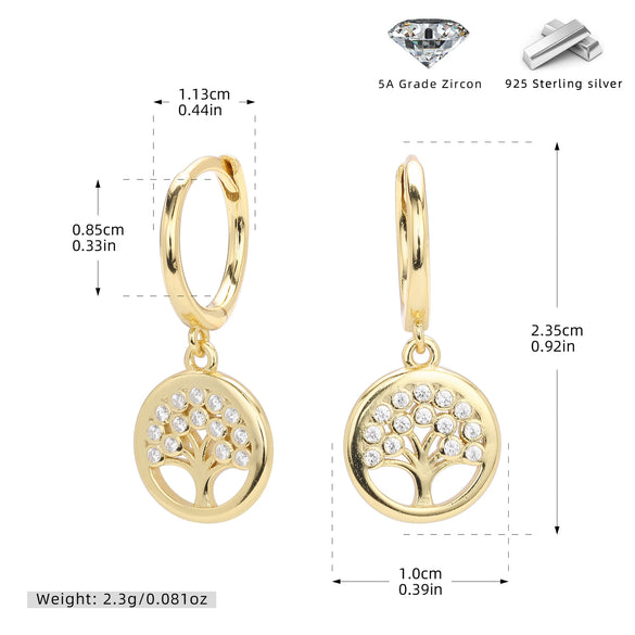 Jewelry S925 Sterling Silver Inlaid Zircon Geometric Tree Of Life Gold Plated Women's Earrings