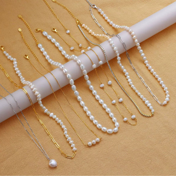 Jewelry S925 Sterling Silver Natural Pearl Geometric Pendant Necklace Electroplating