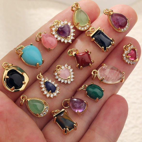 Jewelry Semiprecious Stone Heartshaped Pendants Copper Plated With 18K Gold Inlay Crystal Bracelet Charms Sweet Style