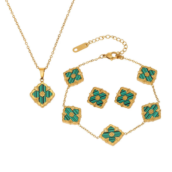 Jewelry Set Fourleaf Clover Flower Diamondshaped Titanium Steel O Word Chain Plated With Real Gold