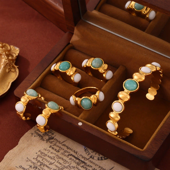 Jewelry Set Geometric Inlaid Natural Stone Splicing Round Bead 316L Stainless Steel Electroplating Design For Women