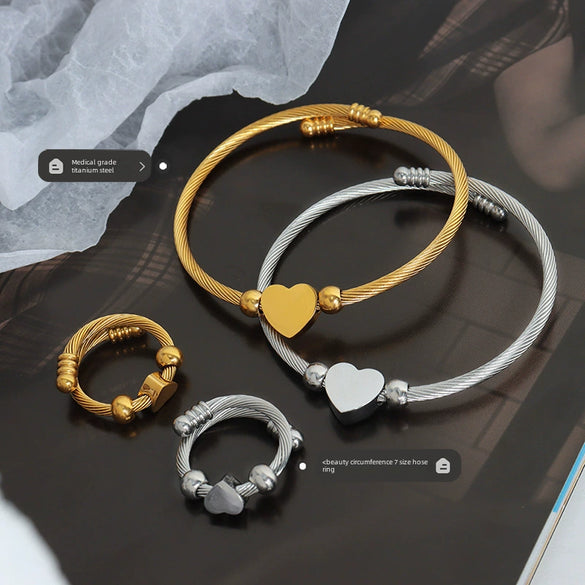 Jewelry Set Goldplated Titanium Steel Love Shape Adjustable Coil Bracelet And Ring