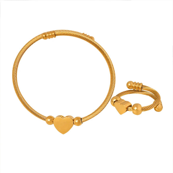 Jewelry Set Goldplated Titanium Steel Love Shape Adjustable Coil Bracelet And Ring