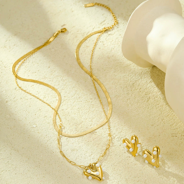 Jewelry Set Heart Pearl Stainless Steel Vacuum Electroplated 18K Gold Vintage Style