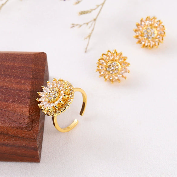 Jewelry Set Necklace Earrings Ring Titanium Steel Inlaid With Zircon Copper Plated With Real Gold Sunflower Pattern Original Design