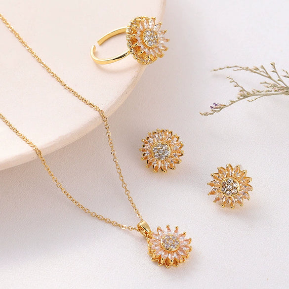 Jewelry Set Necklace Earrings Ring Titanium Steel Inlaid With Zircon Copper Plated With Real Gold Sunflower Pattern Original Design